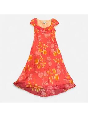 Vintage Y2K Silk Floral Dress Pink Orange Midi